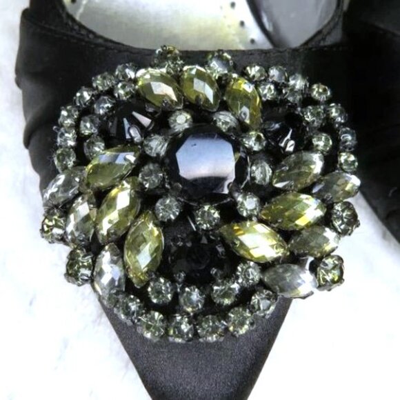 Adrienne Vittadini Black Satin Rhinestone Brooch Slingback Heels Size 7M - Picture 4 of 11